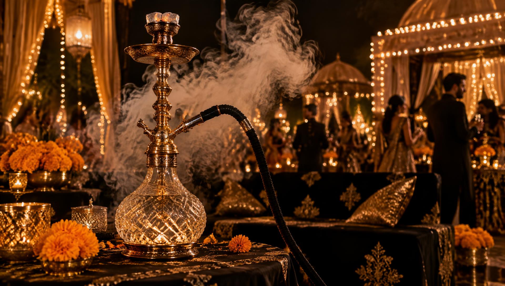 Luxury hookah catering setup at a Delhi wedding reception